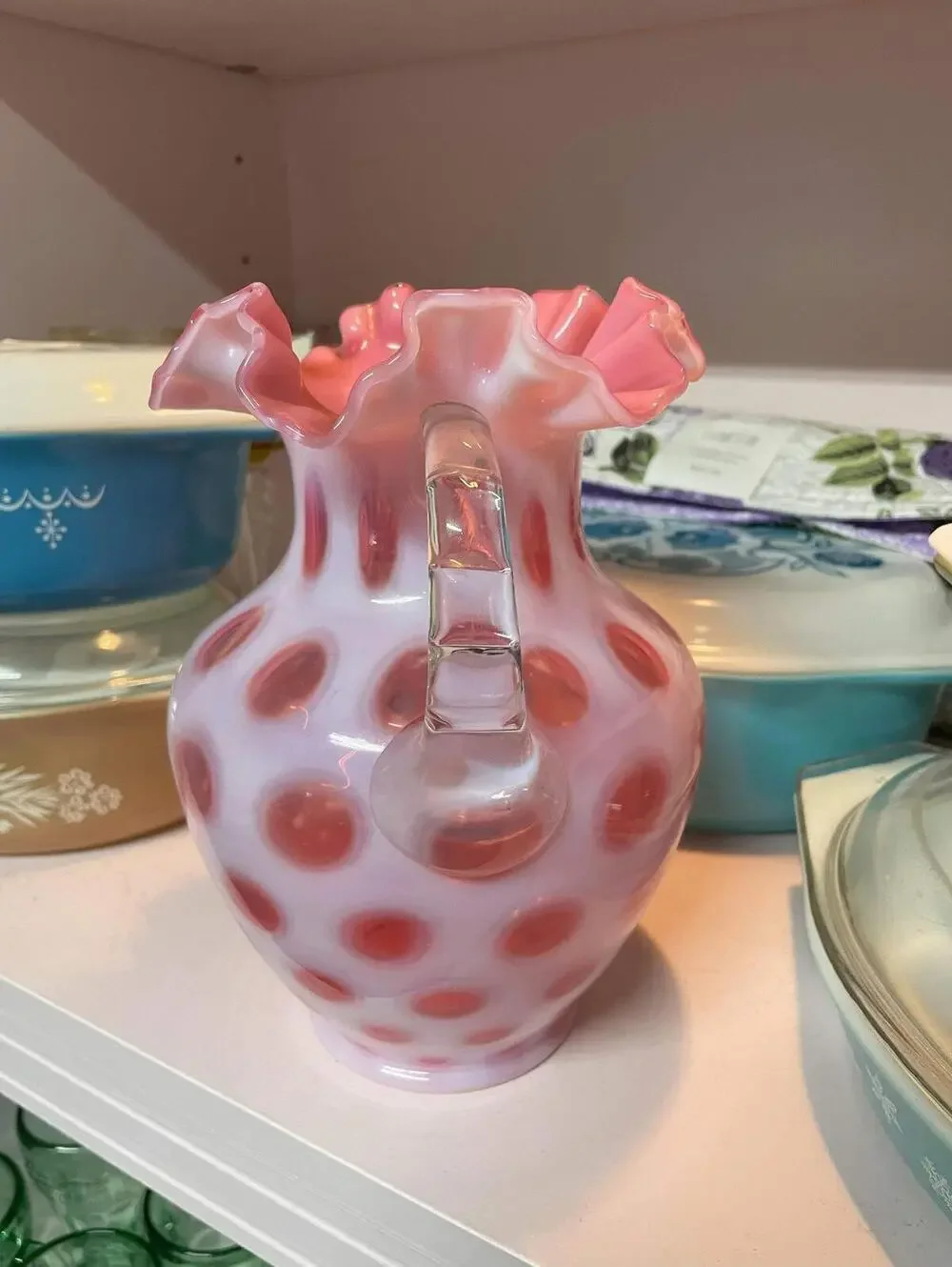Fenton Vintage Cranberry Opalescent Coin Dot Double Handle Vase